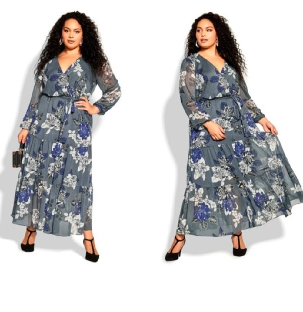 City Chic Epic Floral Maxi Dress NWT XXL Slate Gray Long Sleeve Vneck Cottage